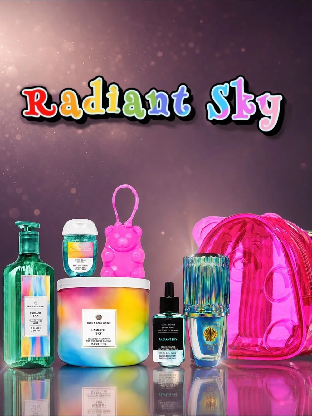 Bath & Body Works Radiant Sky Gummy Bear 7 Pc Gift Set Backpack Candle